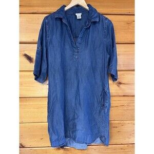 Andrea Jovine Sz M Short Sleeve V Neck Denim Tencel Dress Blue Pockets Soft